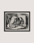 The framed painting "Sleeping Girl" by Riva Helfond, set in a Black Oak frame, captures a serene scene of a person resting with their head on a pillow. They are adorned with a headscarf and have their eyes closed, emanating tranquility. The textured and patterned pillow and blanket evoke an artistic revival reminiscent of the Works Progress Administration era.