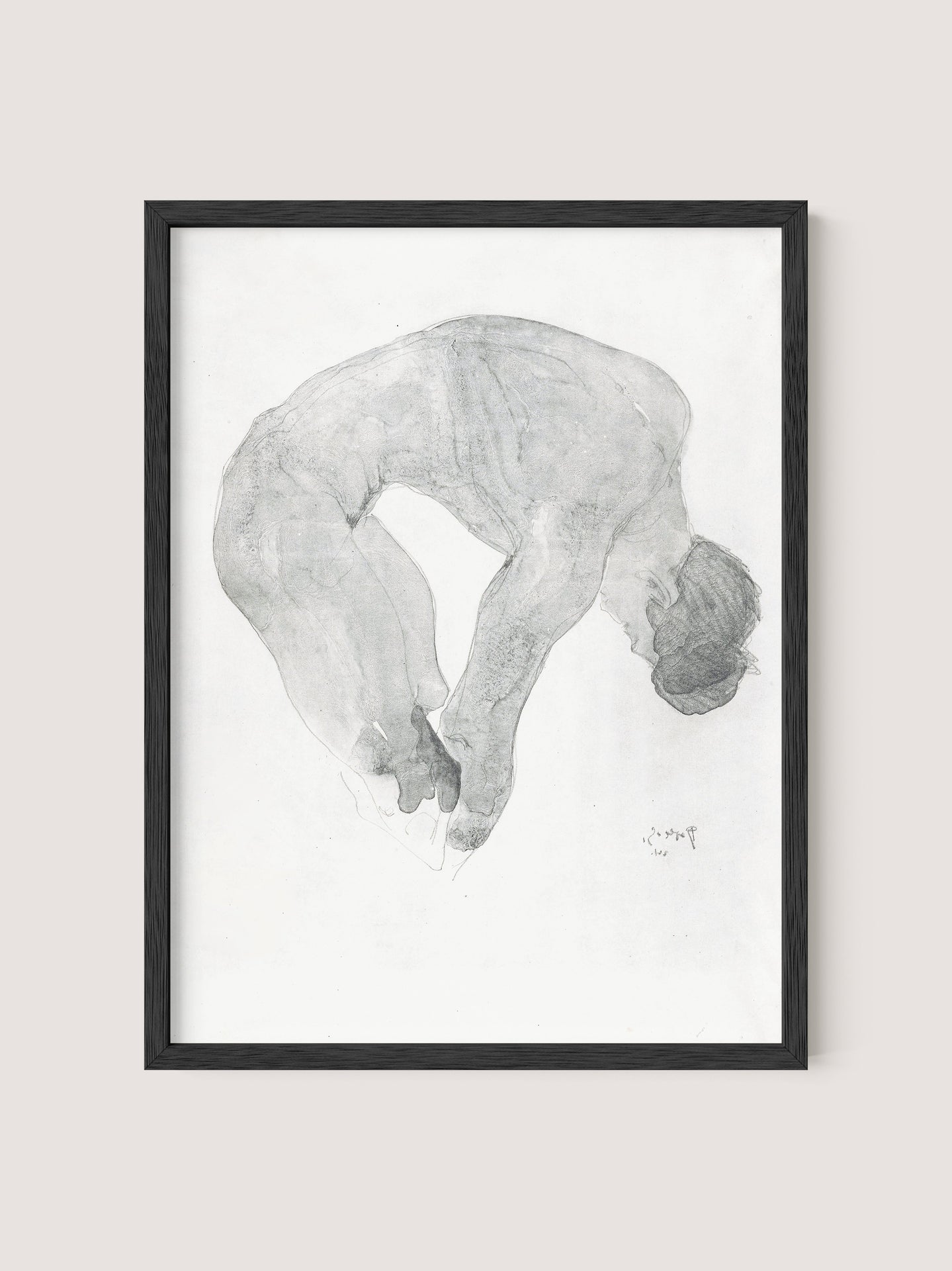 The "Bending Nude" is a framed artwork featuring a pencil sketch of a nude figure in a balletic pose, curled over with legs bent and arms reaching towards the feet. This intimate portrait by artist Reijer Johan Antonie Stolk showcases a minimalist and abstract style against a white background, encased in an elegant Black Oak frame.