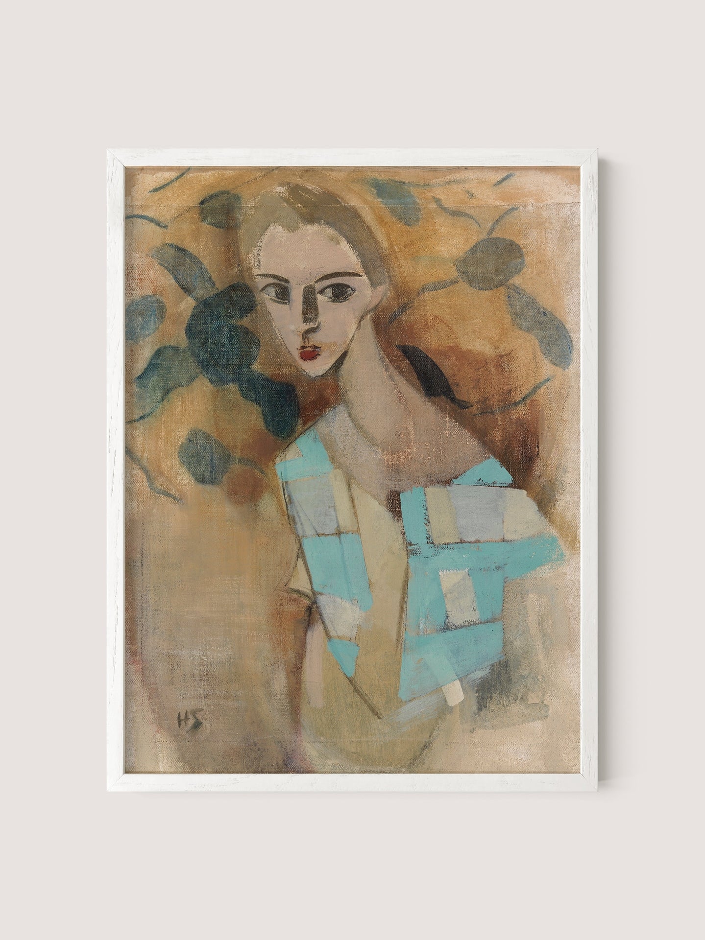 The framed abstract painting, titled &quot;Girl from Eydtkuhne ii,&quot; showcases a person with stylized facial features and a long neck. The person&#39;s shoulders are adorned with fragmented teal and white shapes resembling a mosaic-styled shirt, set against a backdrop of various muted earth tones and abstract leaf-like forms, all presented within a White Oak frame.