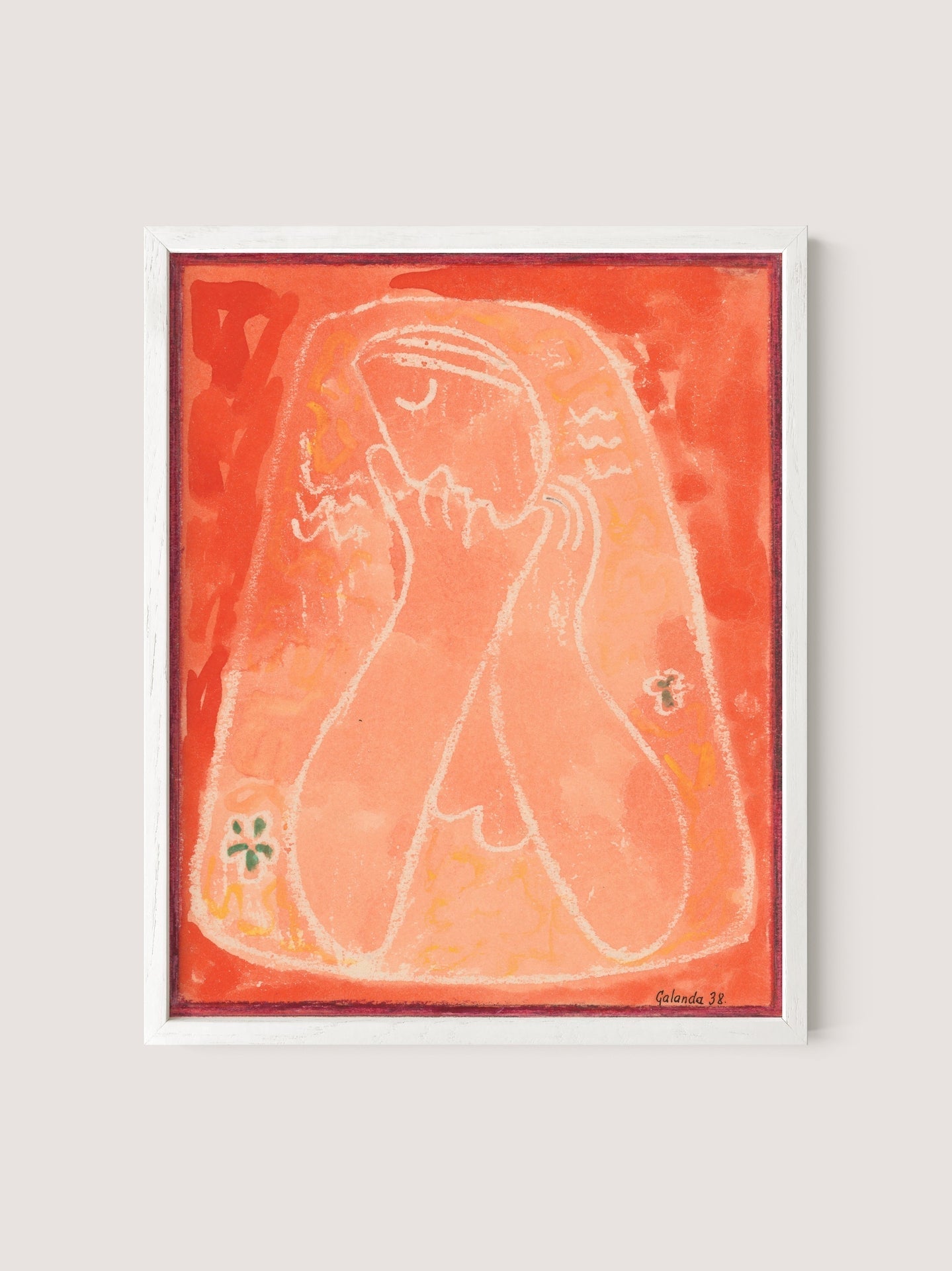 Introducing "Thoughtful Woman II," a framed abstract painting predominantly in shades of red, featuring soft shapes and outlines. The central figure—a stylized human form with a contemplative expression—is surrounded by delicate patterns and subtle floral elements. This minimalist piece, set in a White Oak frame, offers a versatile design for any space.