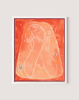 Introducing "Thoughtful Woman II," a framed abstract painting predominantly in shades of red, featuring soft shapes and outlines. The central figure—a stylized human form with a contemplative expression—is surrounded by delicate patterns and subtle floral elements. This minimalist piece, set in a White Oak frame, offers a versatile design for any space.