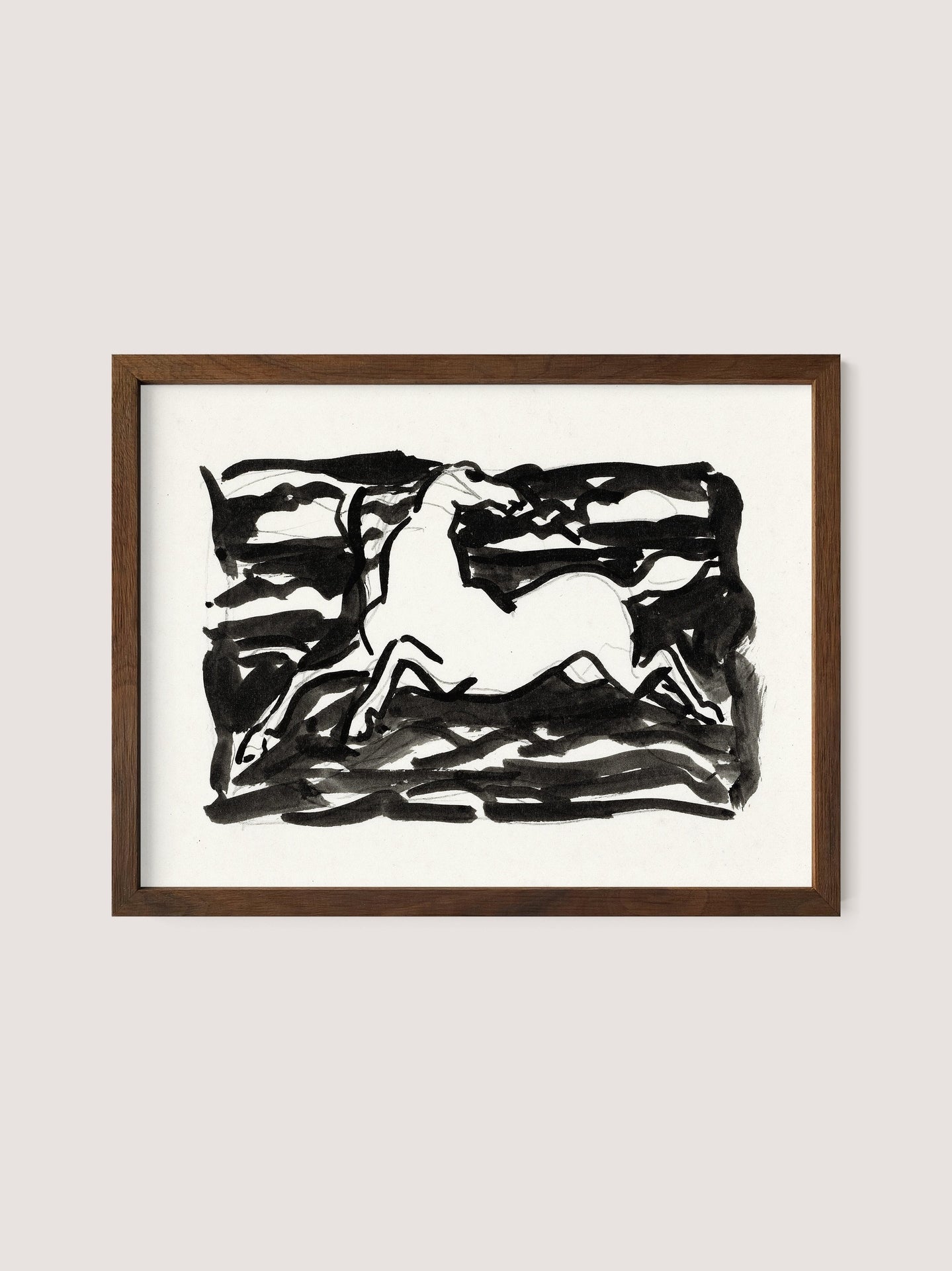 Leaping Horse is a framed abstract ink drawing of a dynamic horse in black on white paper. The horse appears mid-gallop, surrounded by bold, expressive brushstrokes reminiscent of Leo Gestel&#39;s style that convey movement and energy. The frame is finished in Walnut Oak.