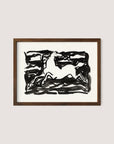 Leaping Horse is a framed abstract ink drawing of a dynamic horse in black on white paper. The horse appears mid-gallop, surrounded by bold, expressive brushstrokes reminiscent of Leo Gestel's style that convey movement and energy. The frame is finished in Walnut Oak.