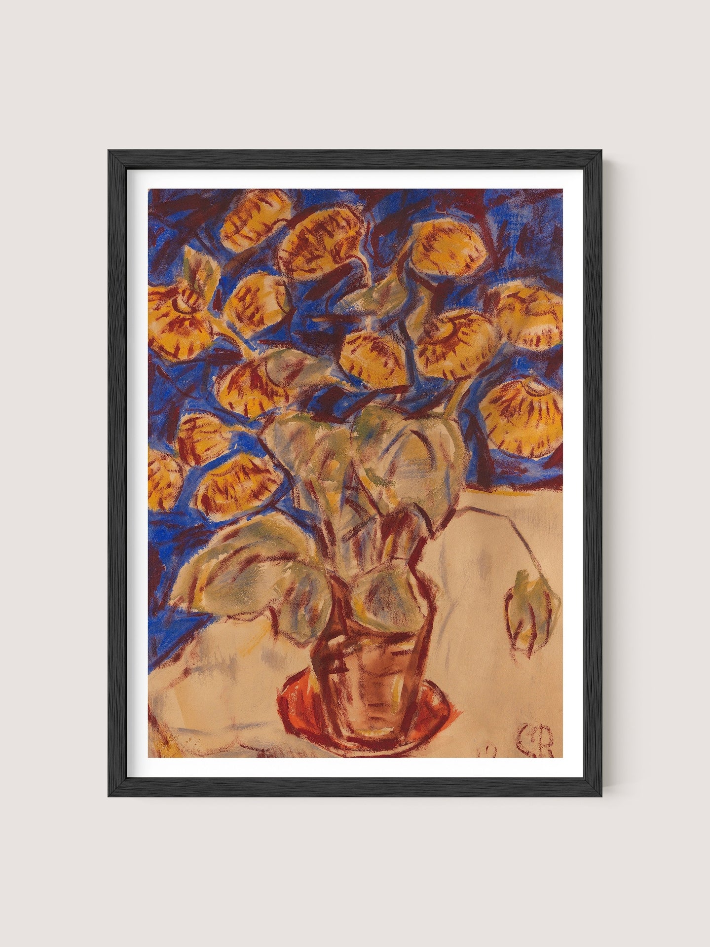 A framed painting titled "Slipper Flower" featuring a vibrant potted plant with striking yellow blooms and large, green leaves. The background blends rich earth tones of dark and light blue, while the pot sits on a red saucer against a light brown surface. The frame is finished in Black Oak, and the artist's initials "CPR" are visible in the bottom right corner.