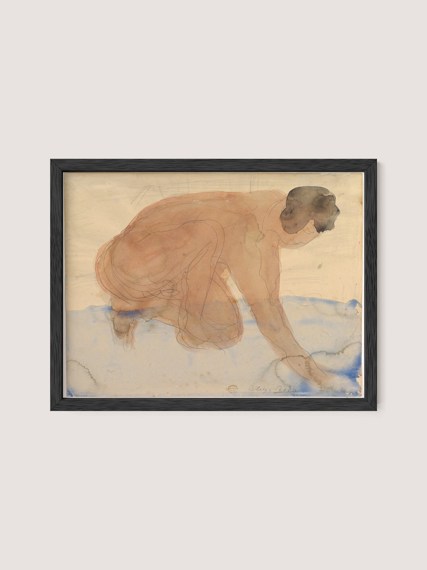 The framed "Nude Figure on Hands and Knees" Rodin watercolor painting showcases a nude figure in a crouched position, appearing to draw or interact with the ground. The figure is outlined with soft, overlapping lines and partially filled with muted colors against a background featuring marine-inspired shades of blue. The frame is finished in elegant Black Oak.