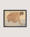 The framed "Nude Figure on Hands and Knees" Rodin watercolor painting showcases a nude figure in a crouched position, appearing to draw or interact with the ground. The figure is outlined with soft, overlapping lines and partially filled with muted colors against a background featuring marine-inspired shades of blue. The frame is finished in elegant Black Oak.