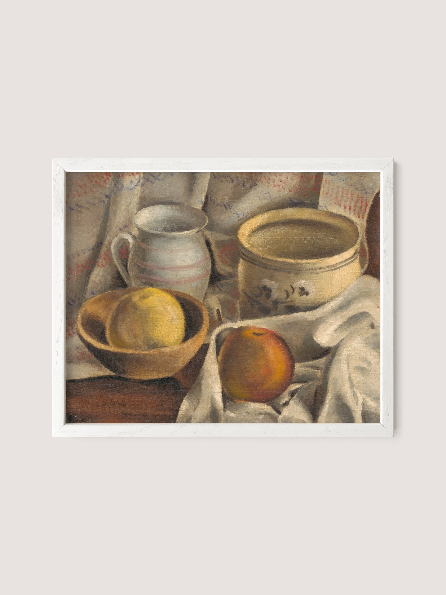 Painting details for *Still Life with Ceramic Pots and Apples*:
The artwork features a still-life scene with a white mug, a large ceramic bowl, and a wooden bowl containing two lemons—one nestled inside the bowl and one partially resting on the white cloth. An apple is positioned close by on the cloth. The composition, set against a soft beige fabric backdrop, radiates neutral warm hues reminiscent of a cozy kitchen or hallway space in harmonious white oak tones.