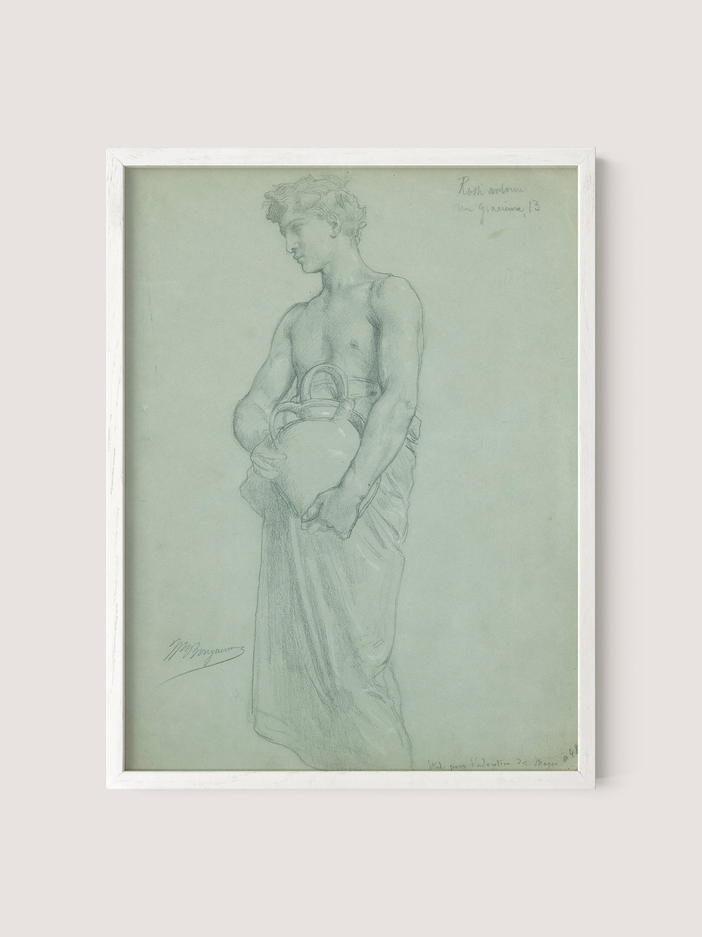 A framed drawing titled &quot;Study For L’adoration Des Mages&quot; showcases a classical-style figure of a muscular man holding a large vase. Partially draped in cloth, the figure gazes downward with a solemn expression. Rendered in white oak, the detailed sketch captures the contours and anatomy with timeless beauty, reminiscent of Bouguereau&#39;s sophistication.