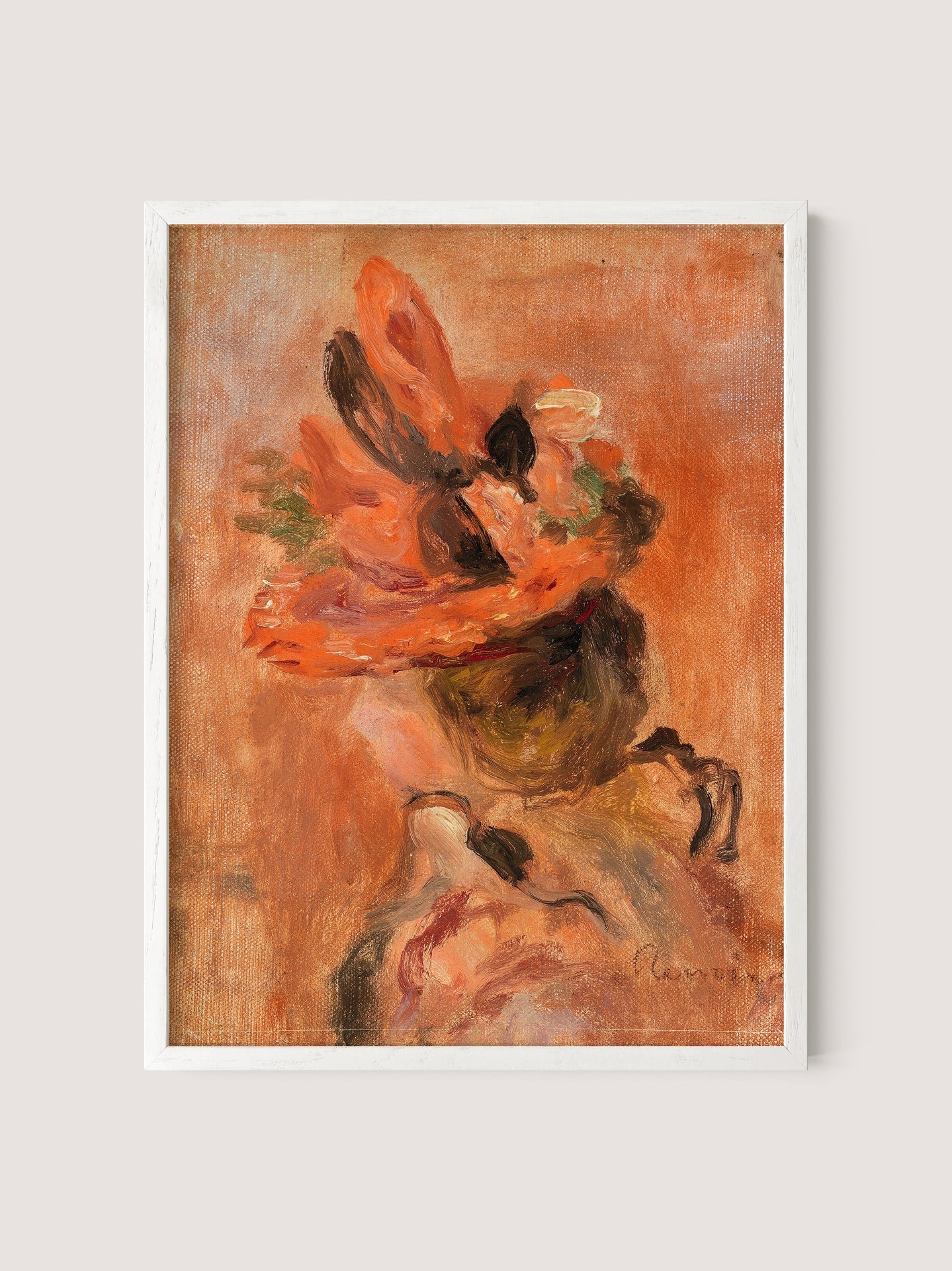 The "Woman’s Head with Red Hat" painting showcases an abstract depiction with vibrant brushstrokes of orange and red, portraying a bouquet of flowers. The background features a warm blend of complementary hues, enhancing the floral subject. Reminiscent of a Renoir print, this artwork is elegantly framed in a simple, white frame.