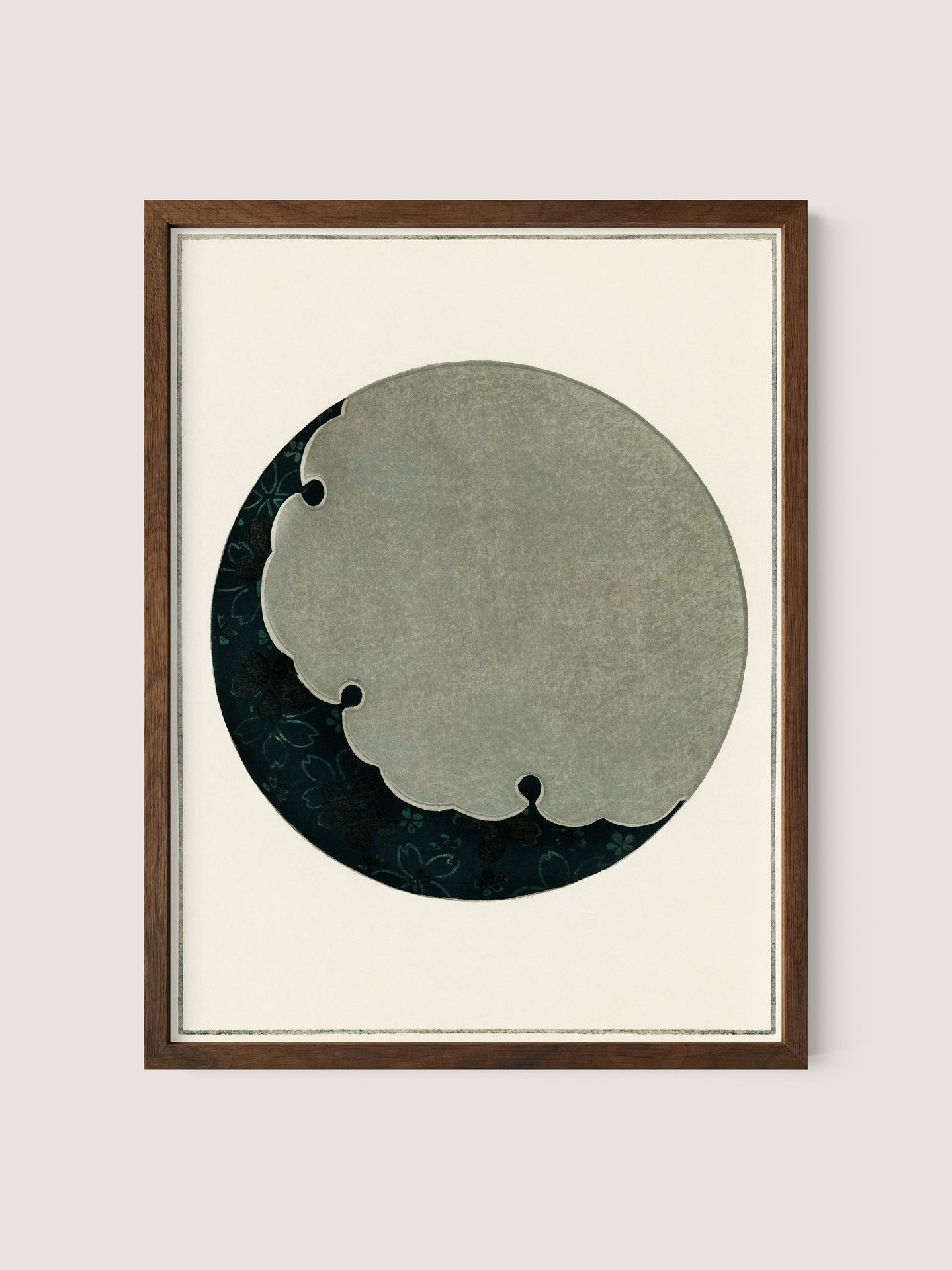 The &quot;Moon&quot; artwork, framed in walnut oak, exudes a Japanese aesthetic with its central large circle. Inside the circle is a cloud-like form against a dark background adorned with faint patterns. The simple wooden frame enhances the monochromatic composition, reminiscent of pieces in Shin-Bijutsukai.