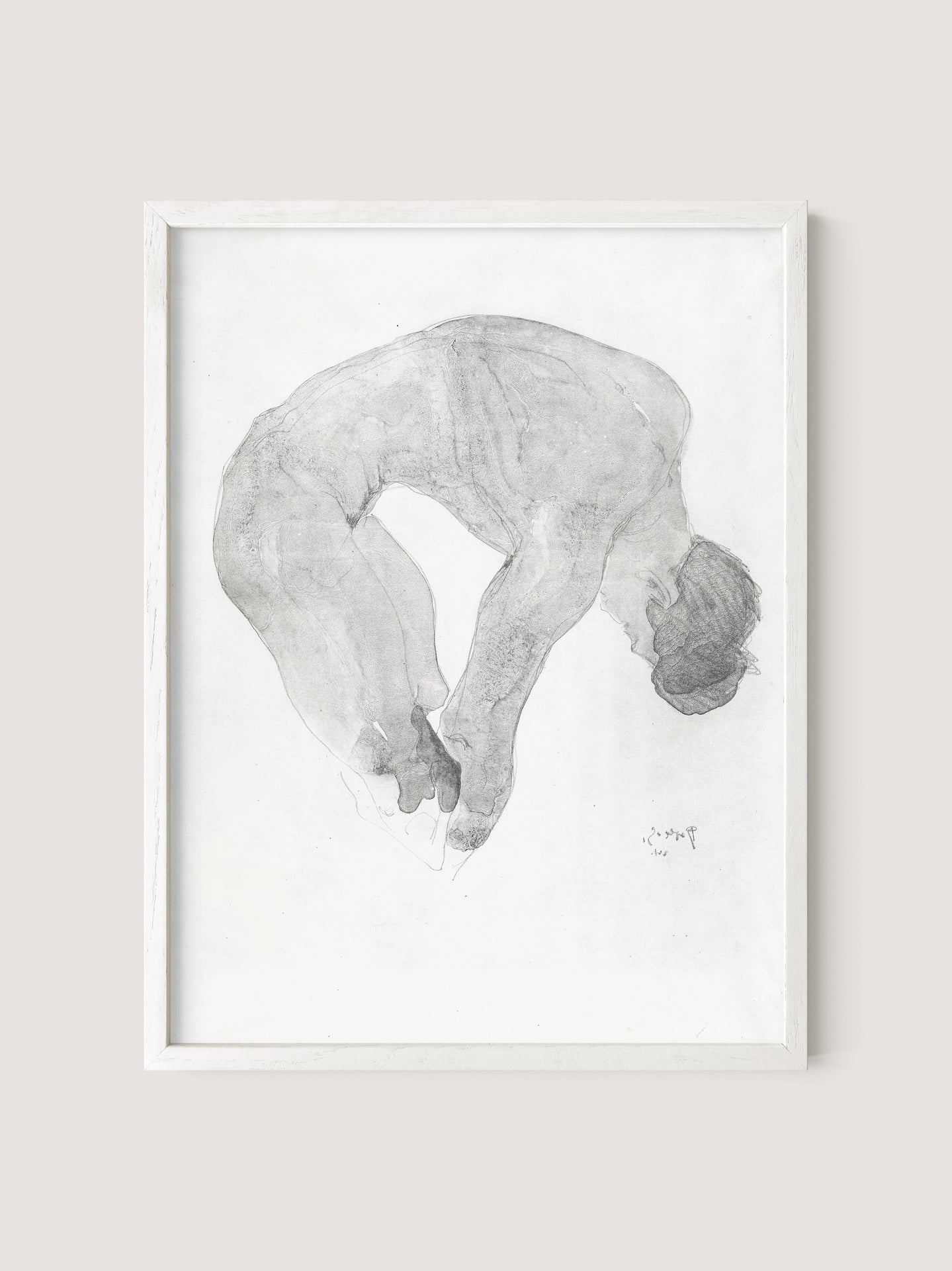 A framed pencil sketch by artist Reijer Johan Antonie Stolk, available in a White Oak frame, depicts a person in a fetal position, viewed from above. This intimate portrait is titled "Bending Nude" and focuses on the contours and shadows of the body against a plain white background. The figure's head is tucked downward with arms and legs bent.