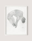 A framed pencil sketch by artist Reijer Johan Antonie Stolk, available in a White Oak frame, depicts a person in a fetal position, viewed from above. This intimate portrait is titled "Bending Nude" and focuses on the contours and shadows of the body against a plain white background. The figure's head is tucked downward with arms and legs bent.