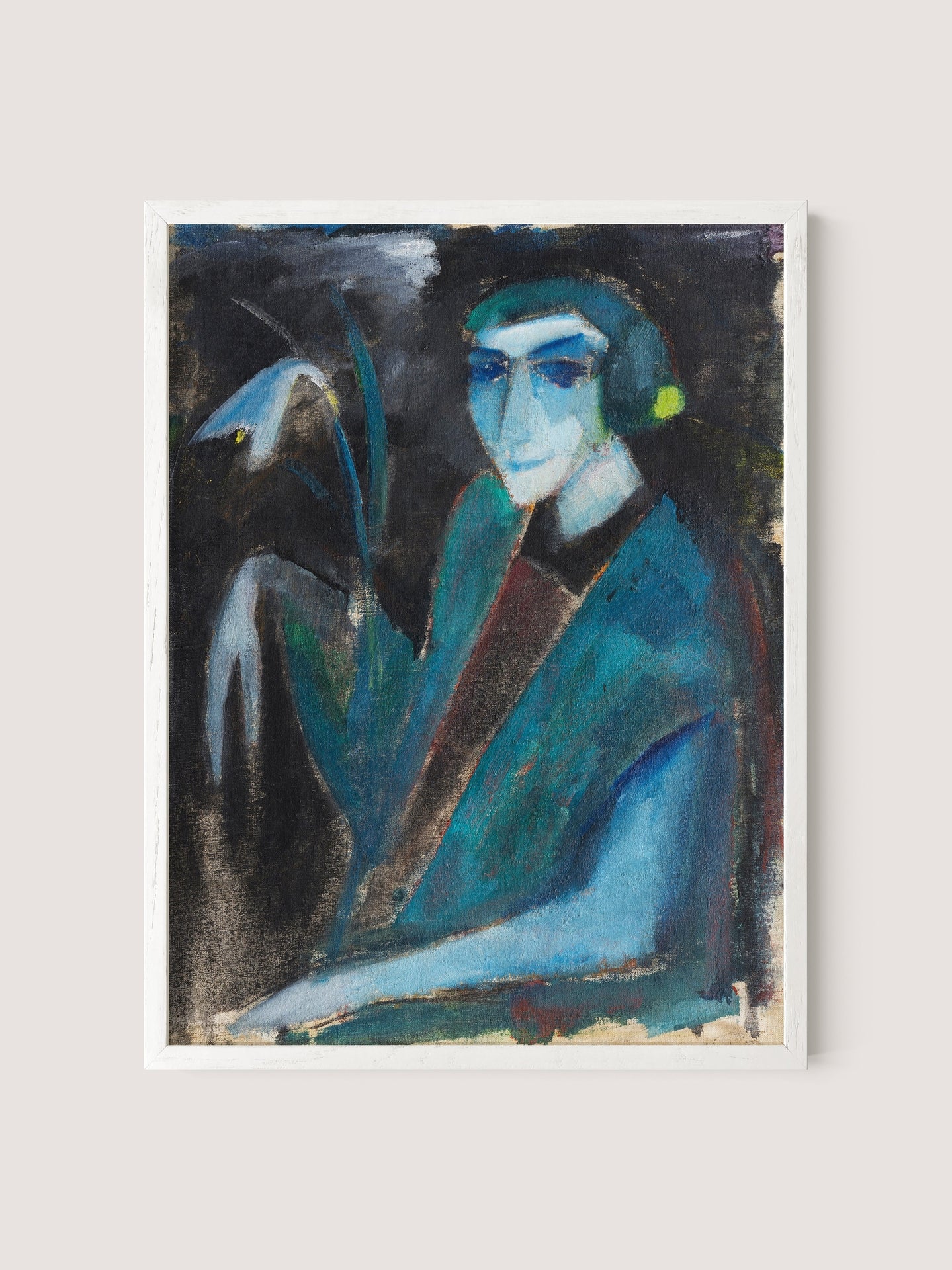 Portrait of a Lady with Lily" is an abstract painting featuring a figure with blue-hued skin and angular features, dressed in a blue garment and holding a plant adorned with white flowers. The striking blues create a stunning contrast against the dark backdrop. The textured surface gives the artwork depth, and it is framed in elegant White Oak.