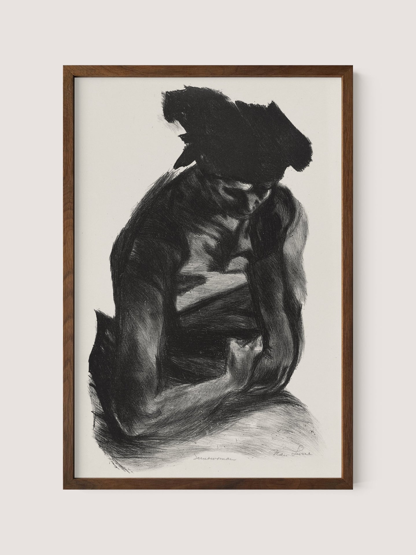 The artwork &quot;Seated Woman&quot; by artist Nan Lurie features a person sitting with their chin resting on their hand, immersed in deep thought. This framed piece, set against a plain white background, is rendered in a sketch-like style with bold, cross-hatched lines that emphasize the figure&#39;s contemplation of urban and working-class life, all highlighted by a walnut oak frame.