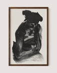 The artwork "Seated Woman" by artist Nan Lurie features a person sitting with their chin resting on their hand, immersed in deep thought. This framed piece, set against a plain white background, is rendered in a sketch-like style with bold, cross-hatched lines that emphasize the figure's contemplation of urban and working-class life, all highlighted by a walnut oak frame.