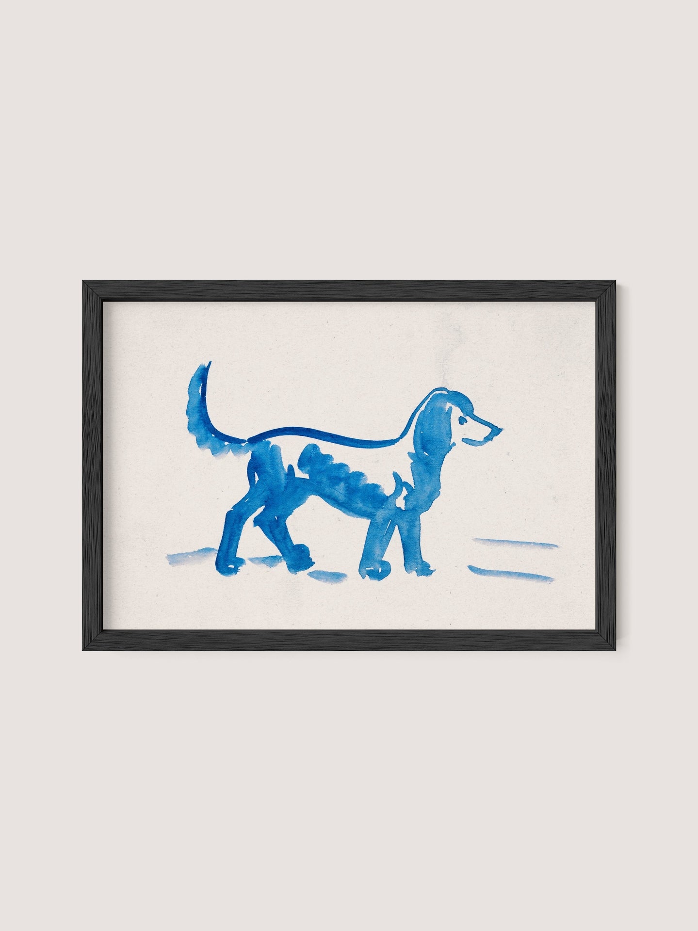 A framed painting on a white background, titled "Great Dane" by Peter Weisz Kubínčan, depicts a simplistic blue silhouette of a dog standing on four legs. This artwork uses minimal lines and shapes to represent the Great Dane, making it a perfect addition to your blue tones decor with its elegant black oak frame.