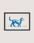 A framed painting on a white background, titled "Great Dane" by Peter Weisz Kubínčan, depicts a simplistic blue silhouette of a dog standing on four legs. This artwork uses minimal lines and shapes to represent the Great Dane, making it a perfect addition to your blue tones decor with its elegant black oak frame.