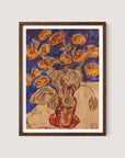 The framed painting titled "Slipper Flower" by an expressionist artist features a vibrant plant with numerous yellow flowers and green leaves against a bold, blue background. The plant is in a walnut oak-colored pot on a light surface, adding rich earth tones to various interior styles. This piece is distinguished by its expressive, textured brushstrokes.