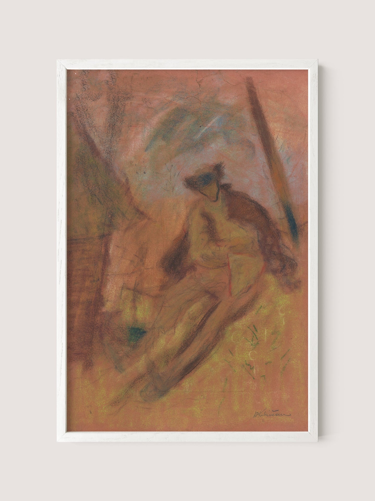 The abstract painting titled "Farmer," featuring a central figure with indistinct features, is surrounded by a hazy, warm-toned background in muted colors. Inspired by the style of Arnold Peter Weisz-Kubínčan, it showcases a soft, blended texture with hints of green and red tones. The artwork is elegantly framed in White Oak.