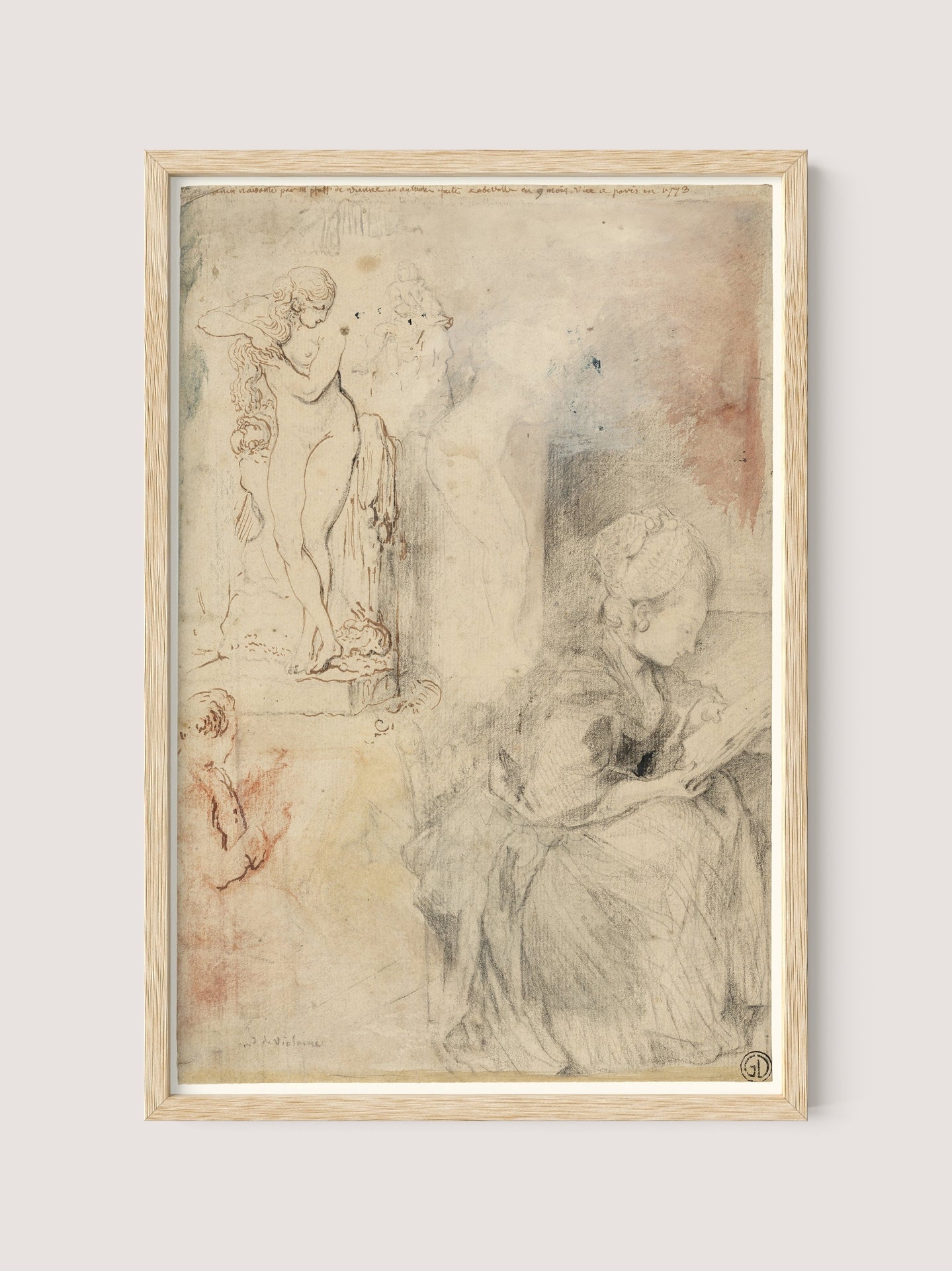 A framed sketch titled "Figure Studies" by 18th-century master printmaker Gabriel Jacques de Saint-Aubin features a woman in a long dress sitting and writing, with a cherubic statue in the background. Set in a natural oak frame, the drawing is delicate and detailed, exuding a classical and vintage aesthetic reminiscent of an exquisite print.