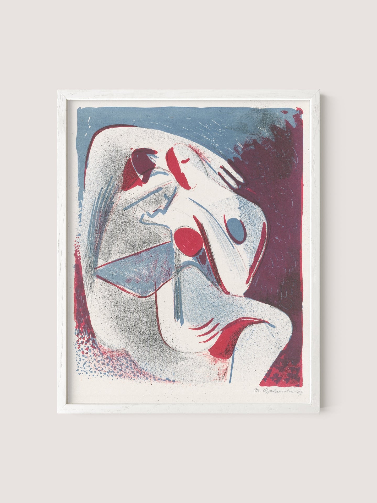 The "Lovers" artwork is a framed piece in White Oak that features two intertwined human figures in vibrant shades of red, blue, and white. The stylized, elongated forms with circular and angular accents evoke dynamic movement and emotion. Ideal for gallery wall decor, this art print resembles modern yin-yang aesthetics.