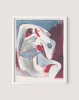 The "Lovers" artwork is a framed piece in White Oak that features two intertwined human figures in vibrant shades of red, blue, and white. The stylized, elongated forms with circular and angular accents evoke dynamic movement and emotion. Ideal for gallery wall decor, this art print resembles modern yin-yang aesthetics.