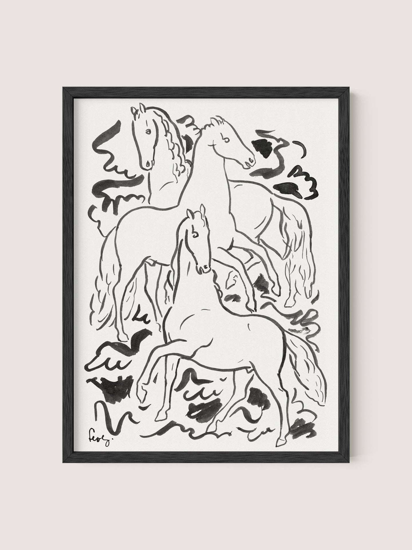 Black and white illustration titled 'Three Horses' featuring three horses with flowing manes and tails in dynamic poses, framed in a sleek black oak border. The artwork is enhanced by abstract, swirling patterns reminiscent of a Leo Gestel Three Horse print ink drawing.