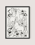 Black and white illustration titled 'Three Horses' featuring three horses with flowing manes and tails in dynamic poses, framed in a sleek black oak border. The artwork is enhanced by abstract, swirling patterns reminiscent of a Leo Gestel Three Horse print ink drawing.